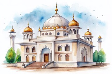 Cute Watercolor Gurdwara Illustration, Minimalist White Background, Funny Sikh Temple Painting