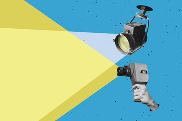 Retro camera and big stage light - film production. Vintage cinema poster. Contemporary flat design...