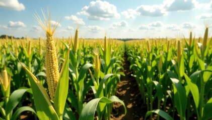 Obraz premium A scenic view of a vast cornfield in the American countryside, symbolizing agriculture and food production, panoramic view, sustainable agriculture