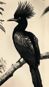 Long-wattled umbrellabird proudly showing off its crest. Vertical