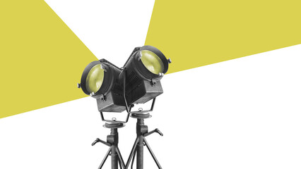 Retro big stage lights isolated on free png background - film camera. Vintage cinema poster....