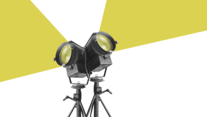 Retro big stage lights isolated on free png background - film camera. Vintage cinema poster. Contemporary flat design art collage.