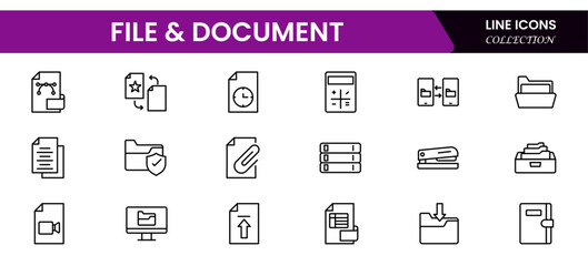 Document outline icons. Document icon set. Set of outline icons related to document, files, message, security. Linear icon collection.