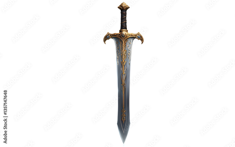 Poster enchanted sword with magical aura, isolated on a empty plain background