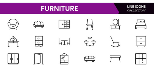 Furniture and home interior elements - thin line web icon set. Outline icons of kitchen, living room, bedroom and office collection.