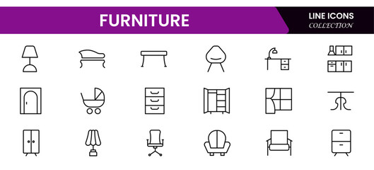 Furniture and home interior elements - thin line web icon set. Outline icons of kitchen, living room, bedroom and office collection.