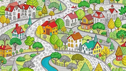 Obraz premium Aerial View Coloring Page: Charming Town, Bird's Eye Perspective, Detailed Line Art for Adults & Kids