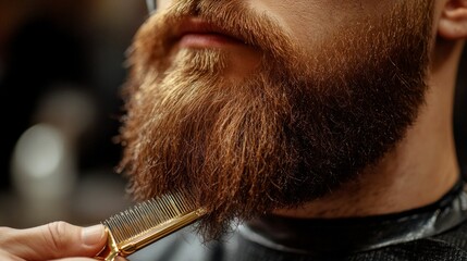 Close-up of a man's beard being combed with a golden comb, focus on the texture and color of the hair, background for cosmetics ads, articles on beard care, and blogs on men's style.