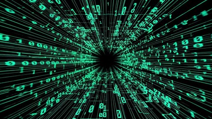 Futuristic video concept with a first-person view of glowing green binary code tunnel, creating a digital vortex effect, symbolizing data flow. Live desktop wallpaper.