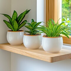 Three Green Houseplants in White Pots on Wooden Shelf