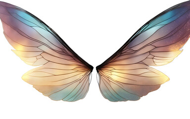 Fairy wings with iridescent glow, isolated on a empty plain background