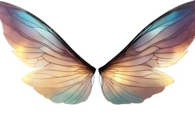 Fairy wings with iridescent glow, isolated on a empty plain background