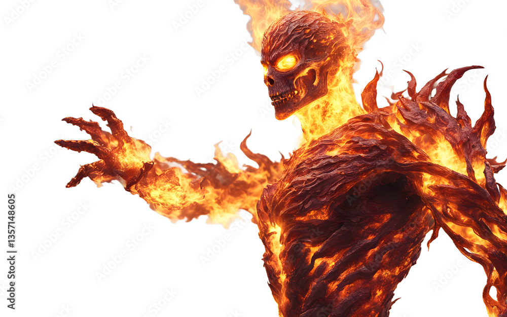 Poster fire elemental with a body made of flames, isolated on a empty plain background