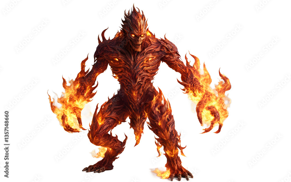 Poster fire elemental with a body made of flames, isolated on a empty plain background