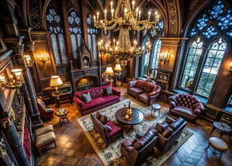 Fototapeta premium Aerial View Gothic Interior Design: Dark, Dramatic Living Room