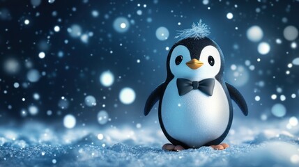 Festive penguin, snowy scene, winter holiday card