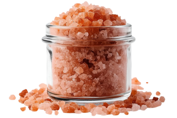 Himalayan pink salt in glass jar on white background