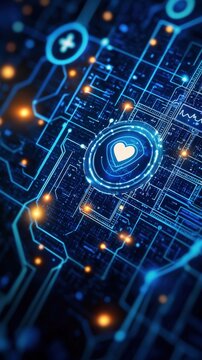 Futuristic Heart on Digital Circuitboard with Glowing Elements