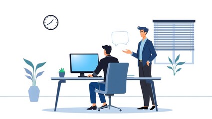 Fototapeta premium Minimalist workspace with colleagues discussing ideas in sleek professional setting