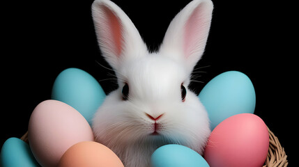 Fototapeta premium Cute Fluffy White Easter Rabbit Nestled in a Basket with Pastel Eggs