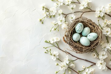 Easter Nest with Blue Eggs and Spring Flowers on White Background