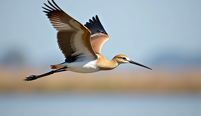 Obraz premium a majestically soaring bartailed Godwit with its long beak 