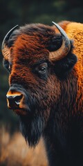 Fototapeta premium Majestic Bison Portrait An Intimate Close-Up View of Wildlife, Capturing its Power and Majesty