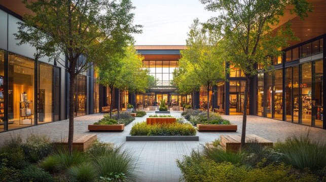 Visitors stroll among lush greenery and chic stores as the sun sets, creating a tranquil shopping experience in this modern open-air plaza filled with stylish boutiques.