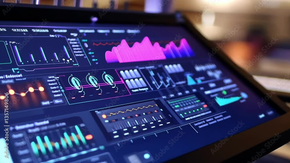 Poster interactive digital screen displaying complex data visualizations and graphs, highlighting trends an