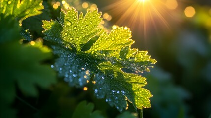 A vibrant green leaf glistening with morning dew captures the warm golden sunlight of a new day.
