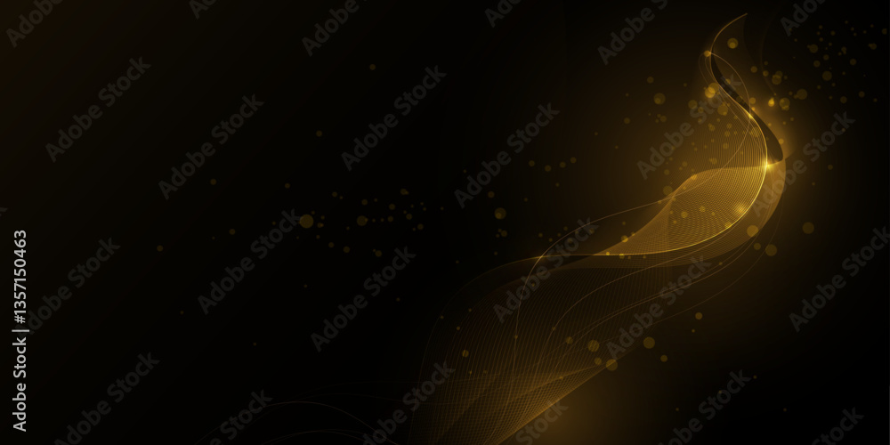 Poster Illustration vector abstract wave, flow line, motion pattern and particle dot on gold color background. Modern futuristic, big data design for background. Digital datum, high tech, technology concept