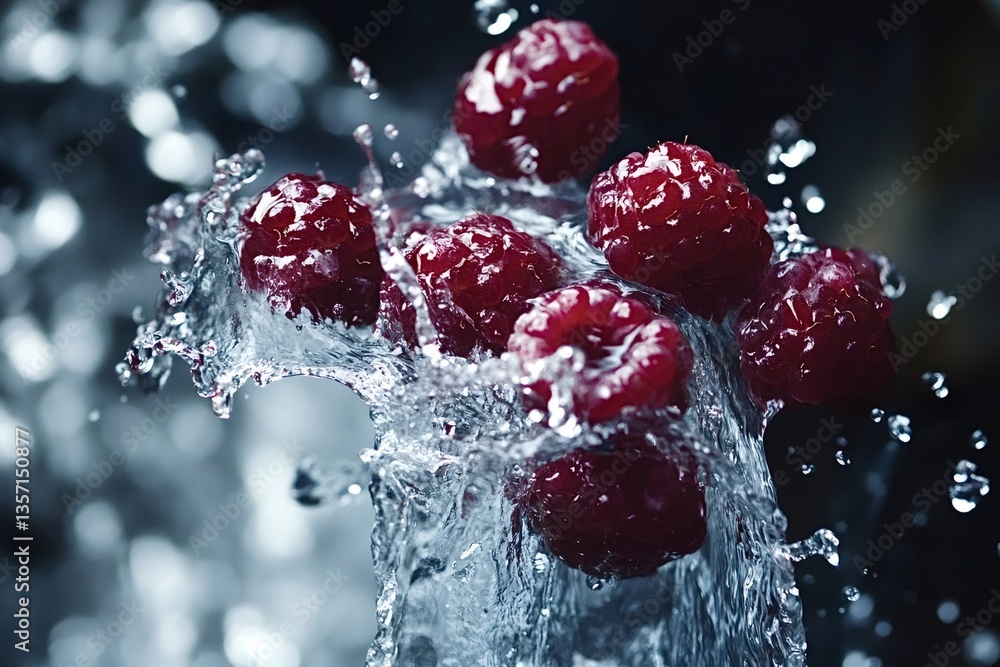 Poster ripe, juicy raspberries are being splashed with refreshing, crystal-clear water, creating a dynamic 