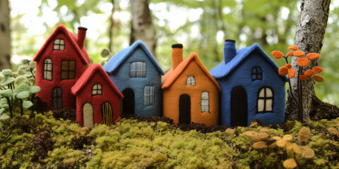 Miniature houses made of wool, in red, blue, orange and brown colors, a forest and trees