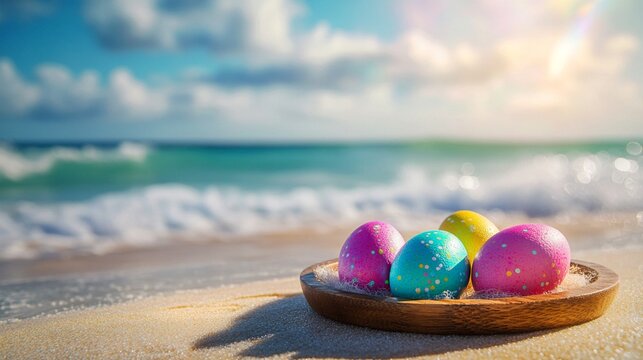 Vibrant Easter eggs nestled on a wooden plate, resting peacefully on golden sand with turquoise ocean waves and soft cloudy sky in the background, creating a serene holiday scene. - Powered by Adobe