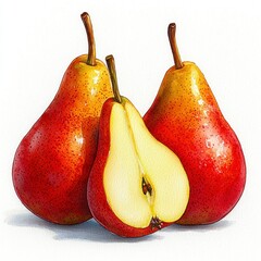 Three Ripe Red and Yellow Pears on White Background