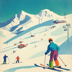 Skiers on Snowy Mountain Slope Winter Sports Illustration