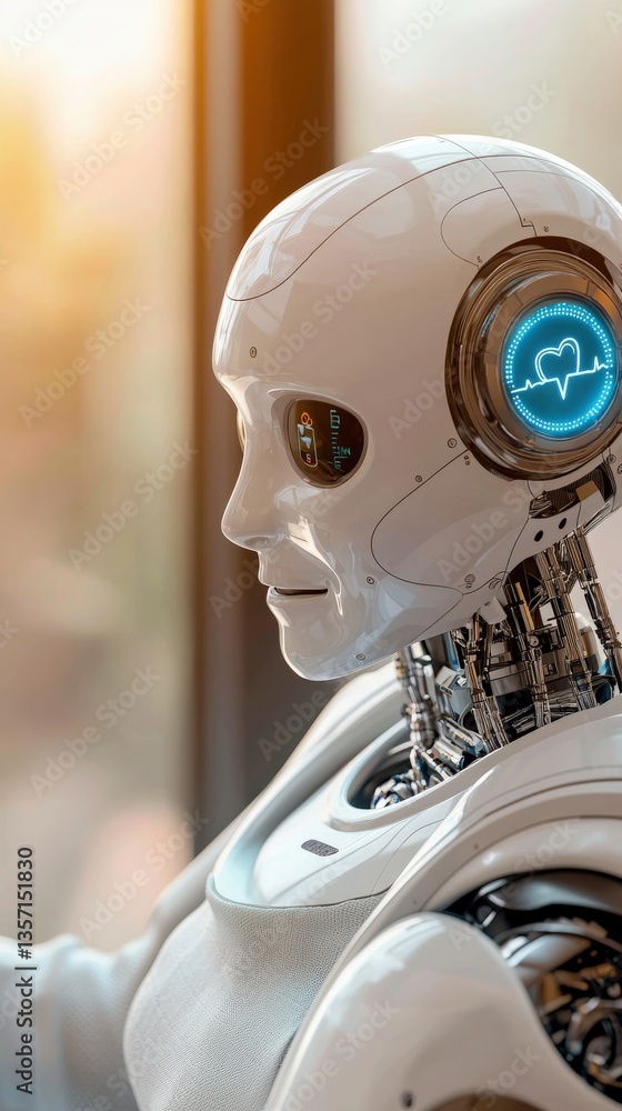 Poster advanced humanoid robot with glowing interface and futuristic design