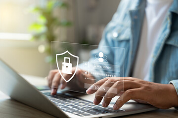 Cybersecurity protects login and secure internet access, Businessman secure data on laptop with...