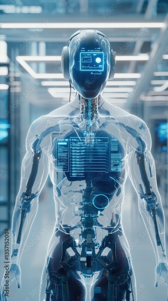 Poster futuristic humanoid robot with advanced technology and data interface