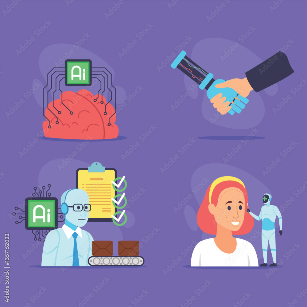 Poster illustrations of various aspects of artificial intelligence, including its applications in work and 
