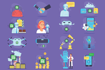Vibrant collection of illustrations with various AI themes, including robotics, machine learning, and human interaction. Technologys impact on daily life and industry concept