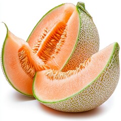 Three Slices of Pale Orange Cantaloupe Melon with Green Rind on White Background