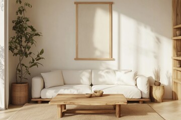 Interior design shows a minimalist living room arrangement and decor