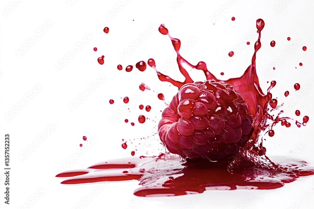 Aufkleber fresh raspberry splashing into red juice, creating dynamic splashes and droplets against a clean whi