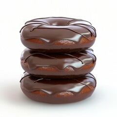 Three Stacked Chocolate Glazed Donuts on White