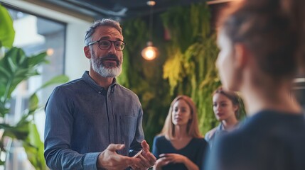 Confident Leadership: A distinguished, bespectacled gentleman commands attention as he articulates his ideas, guiding his attentive team in a modern, collaborative office environment.