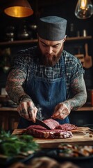 Skilled chef with tattoos prepares premium raw meat on wooden cutting board, showcasing culinary craftsmanship in rustic kitchen setting with warm lighting