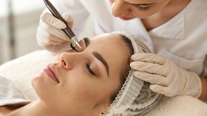 Naklejka premium Professional beauty treatment in a serene spa environment enhances natural features through expert techniques
