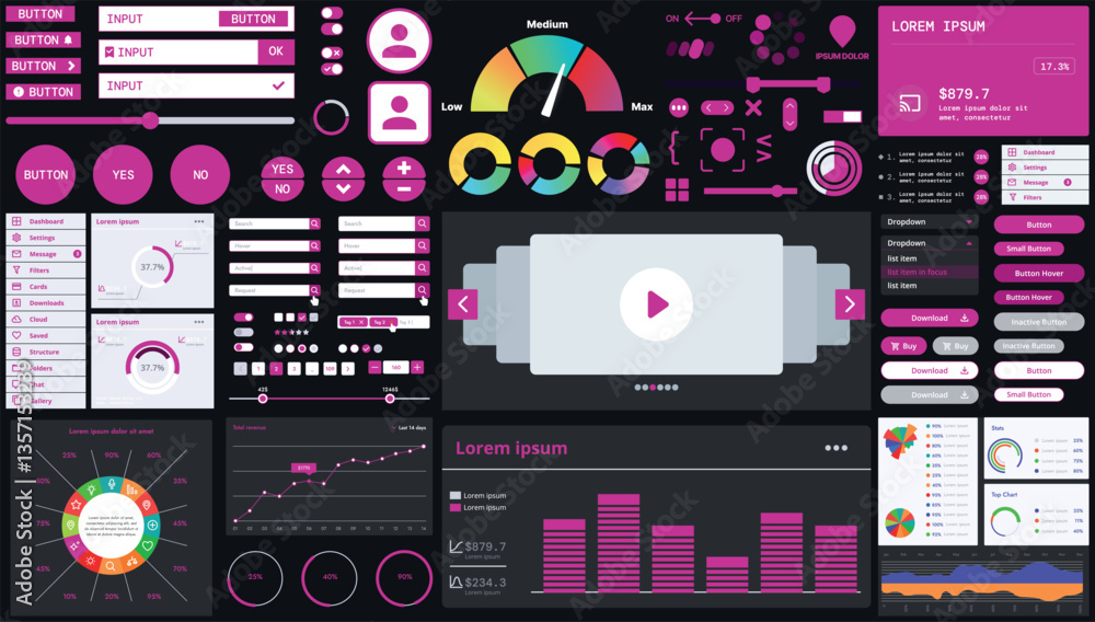 Poster a dark set of interface elements for web and mobile applications with modern icons, buttons, and gra