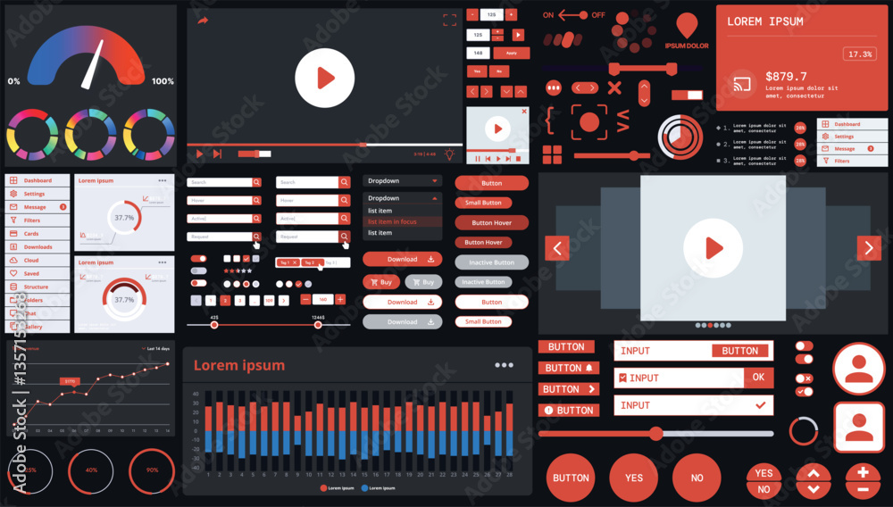 Poster a dark set of interface elements for web and mobile applications with modern icons, buttons, and gra
